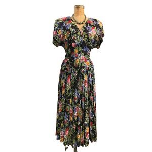 1980s midi dress, black floral rayon, 80s does 40s, 1940s style, medium, scarlet